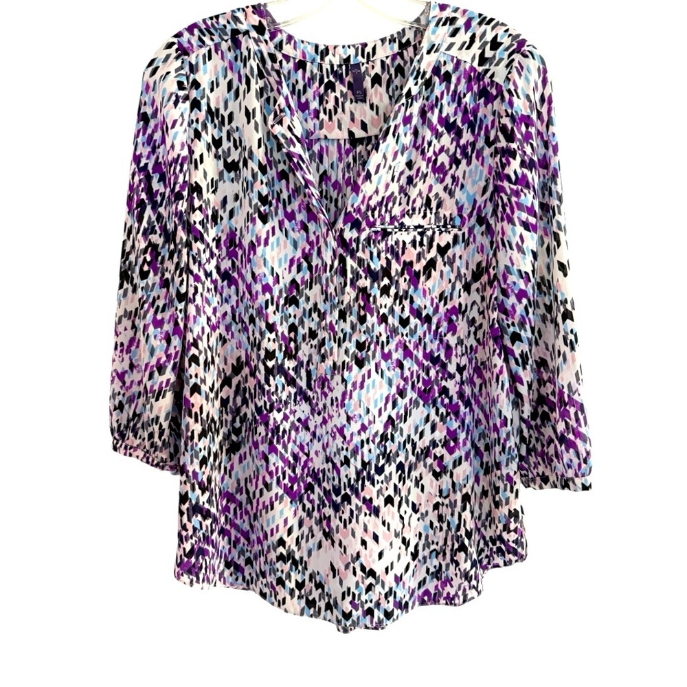 NYDJ Purple teal and Black Patterned Blouse top V neck 3/4 sleeve Small